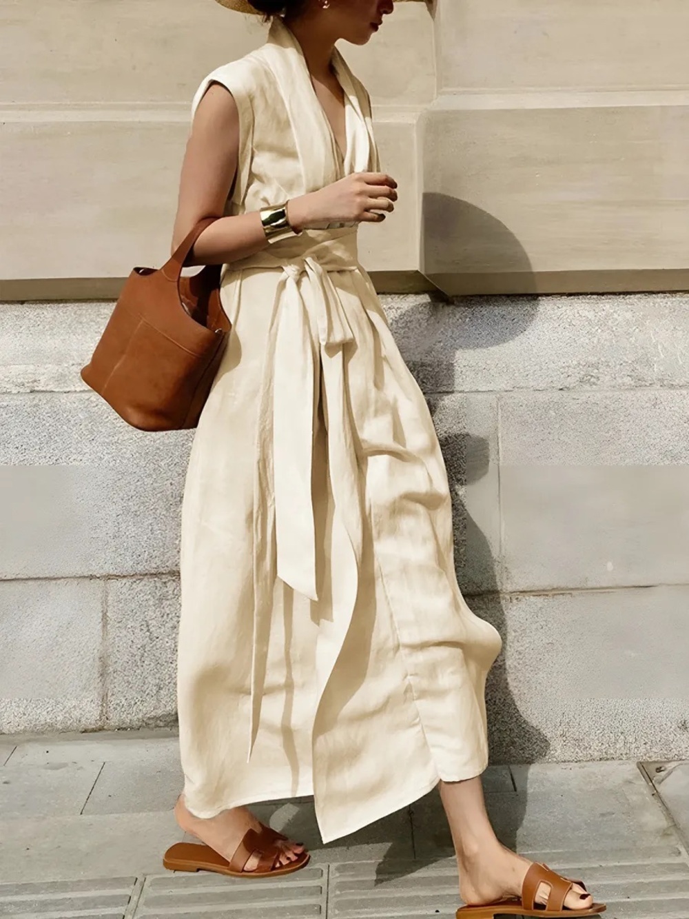 Commense Cotton & Linen Belted Sleeveless Wrap Long Dress NWT Size Medium